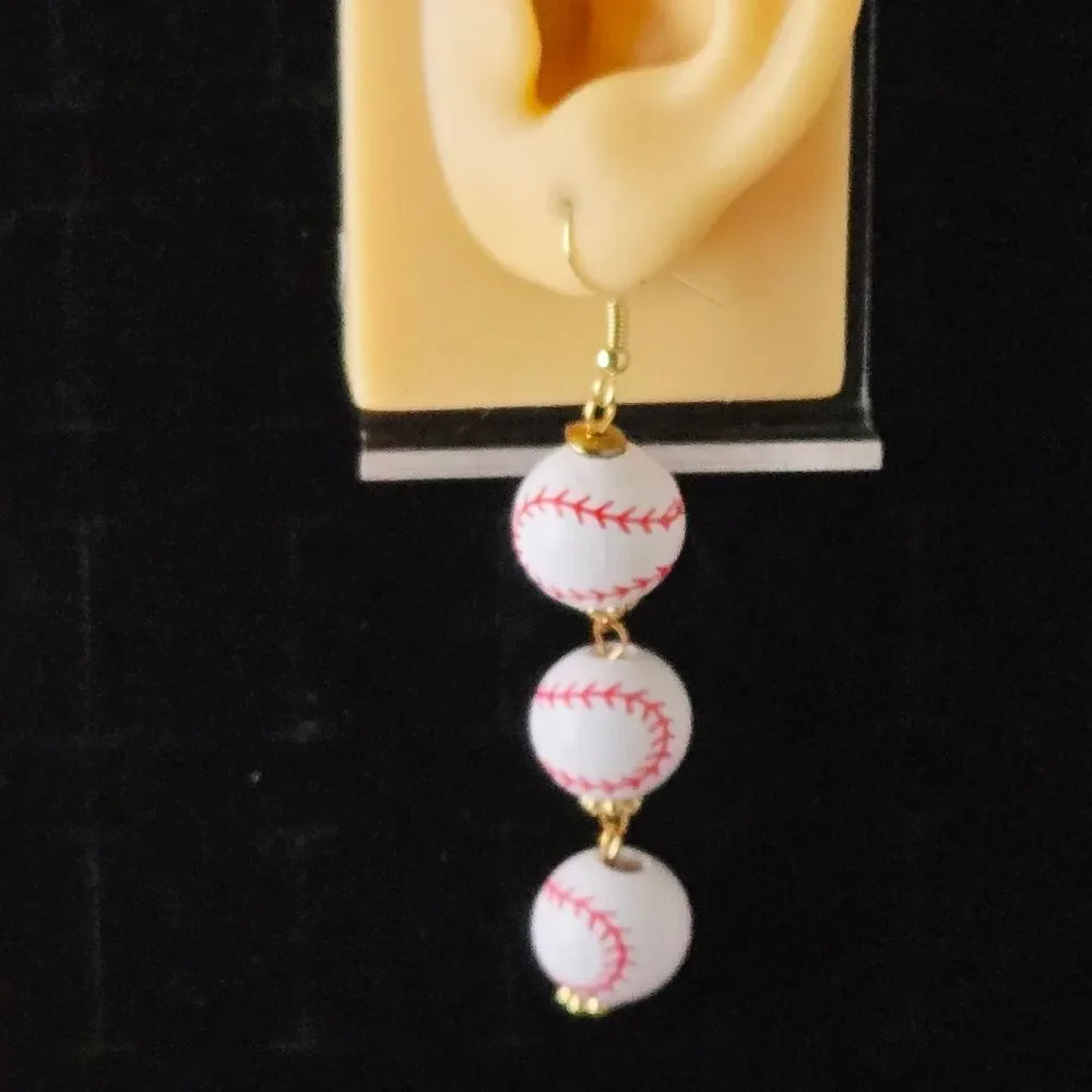Triple Baseball Dangle Earrings White Wood Red Stitch Ball Sports Fan Jewelry